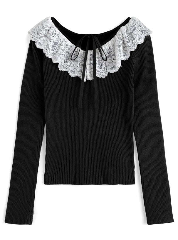 GRL 蕾絲緞帶V領針織上衣 4色 [TP0226]