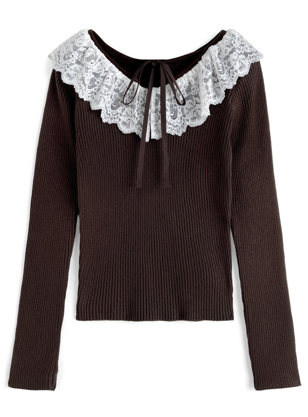 GRL 蕾絲緞帶V領針織上衣 4色 [TP0226]