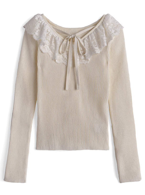 GRL 蕾絲緞帶V領針織上衣 4色 [TP0226]