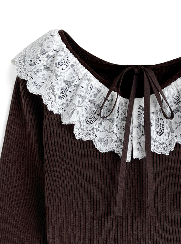 GRL 蕾絲緞帶V領針織上衣 4色 [TP0226]