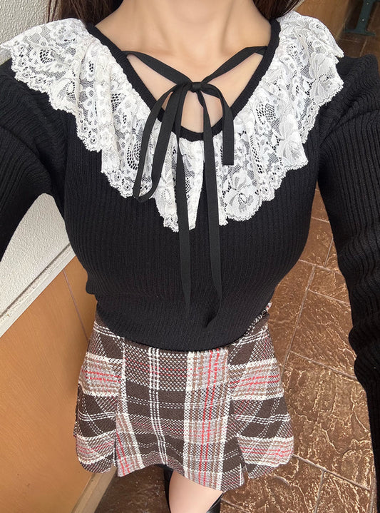 GRL 蕾絲緞帶V領針織上衣 4色 [TP0226]