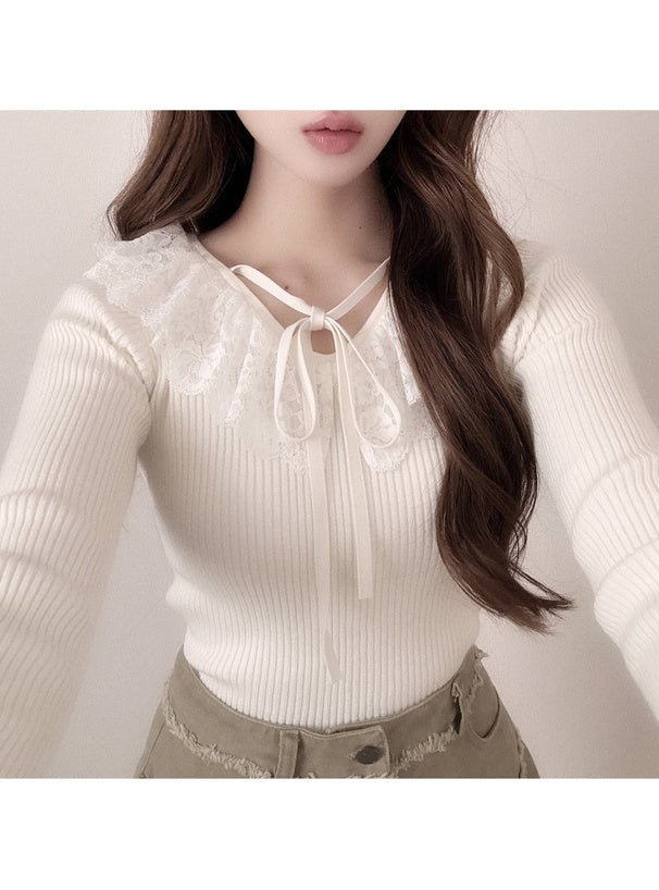 GRL 蕾絲緞帶V領針織上衣 4色 [TP0226]