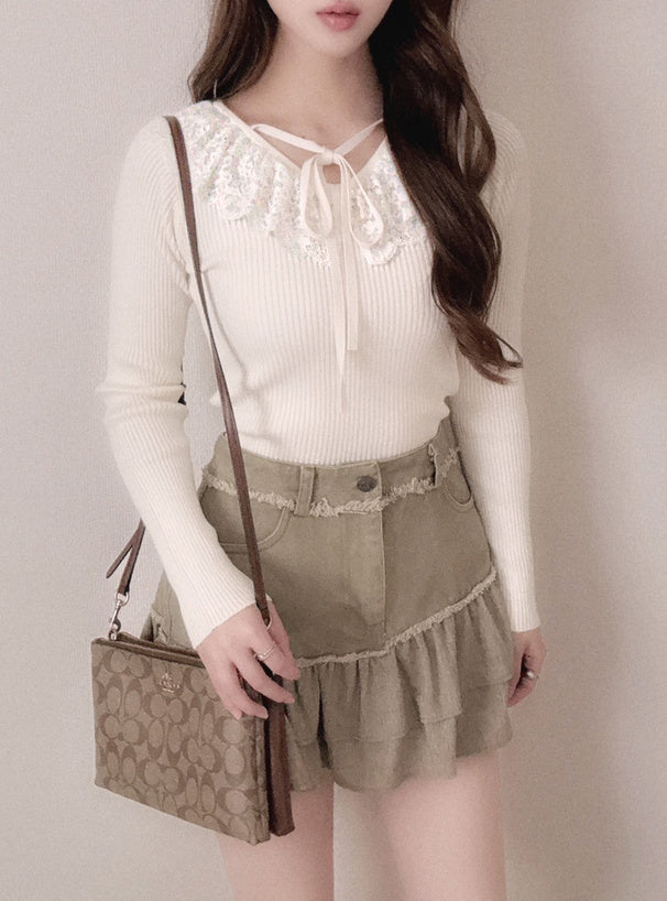 GRL 蕾絲緞帶V領針織上衣 4色 [TP0226]
