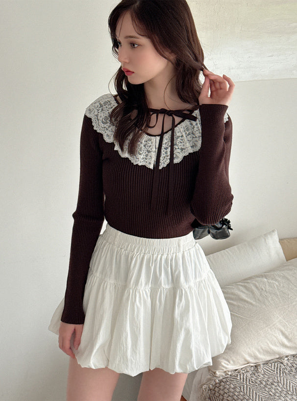 GRL 蕾絲緞帶V領針織上衣 4色 [TP0226]