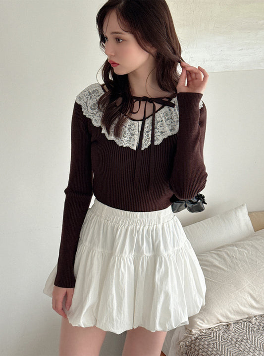 GRL 蕾絲緞帶V領針織上衣 4色 [TP0226]