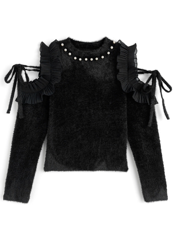 GRL 露肩荷葉邊緞帶珍珠毛絨針織上衣 2色 [TP0229]