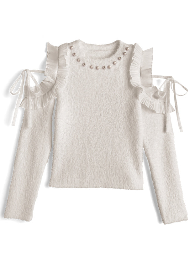 GRL 露肩荷葉邊緞帶珍珠毛絨針織上衣 2色 [TP0229]