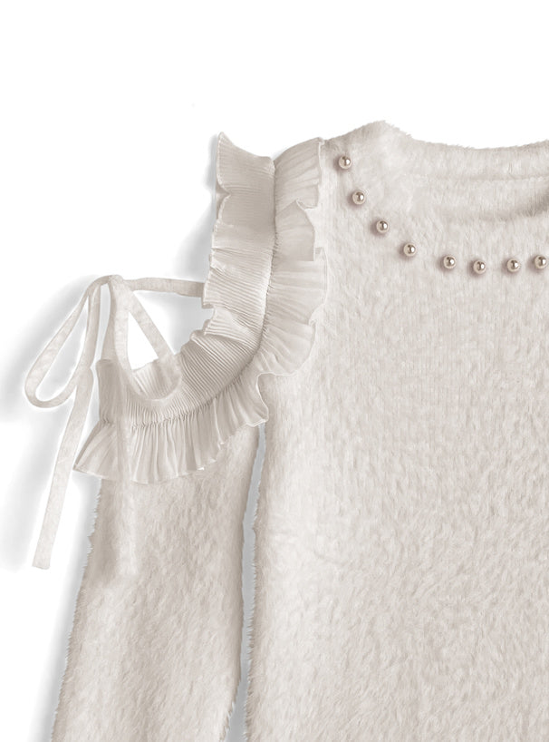 GRL 露肩荷葉邊緞帶珍珠毛絨針織上衣 2色 [TP0229]