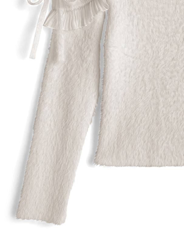 GRL 露肩荷葉邊緞帶珍珠毛絨針織上衣 2色 [TP0229]