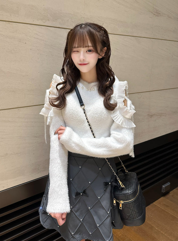 GRL 露肩荷葉邊緞帶珍珠毛絨針織上衣 2色 [TP0229]