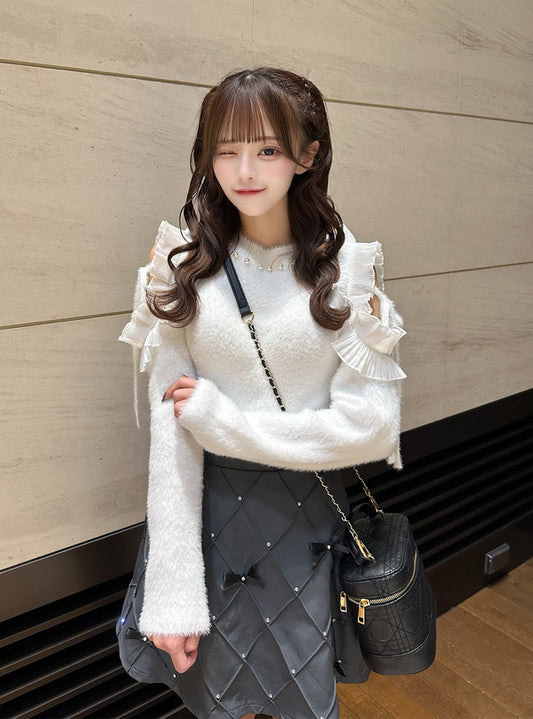 GRL 露肩荷葉邊緞帶珍珠毛絨針織上衣 2色 [TP0229]