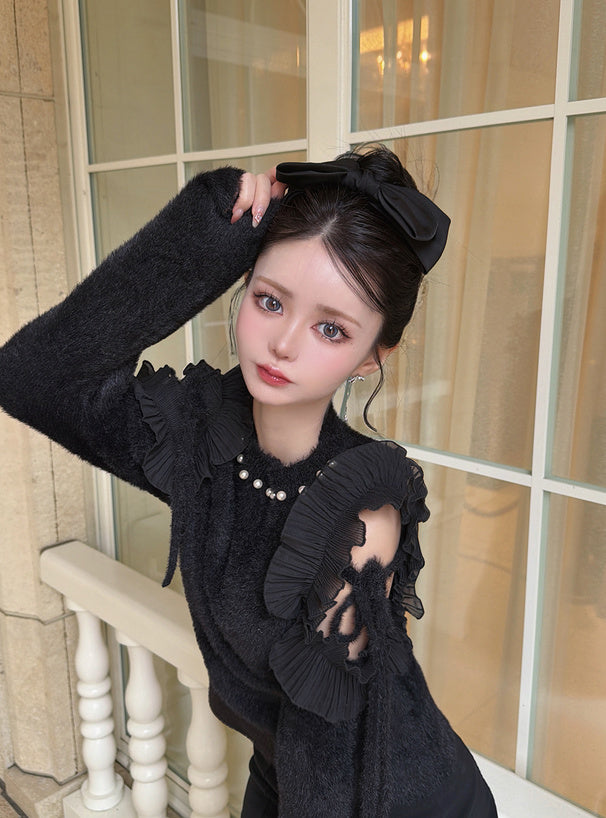 GRL 露肩荷葉邊緞帶珍珠毛絨針織上衣 2色 [TP0229]