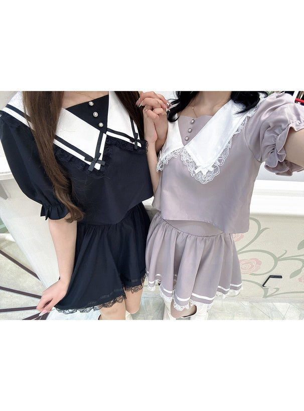 GRL 蕾絲領襯衫 x 蕾絲短裙套裝 2色[OP354]