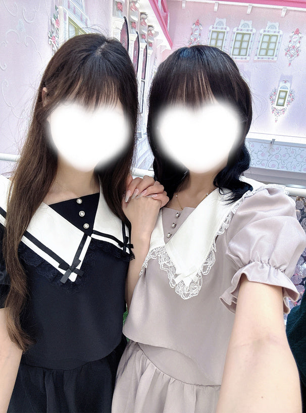 GRL 蕾絲領襯衫 x 蕾絲短裙套裝 2色[OP354]
